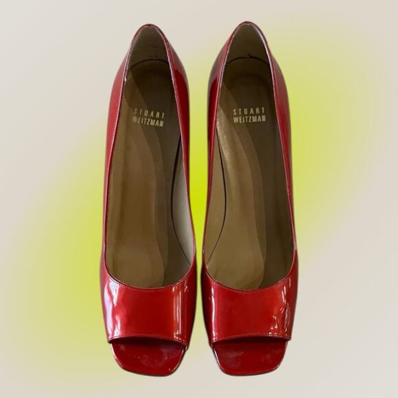Stuart Weitzman Ruby Red Stiletto Heels Klinda Opentoe Patent Leather Sz 9 Woman - Picture 4 of 10
